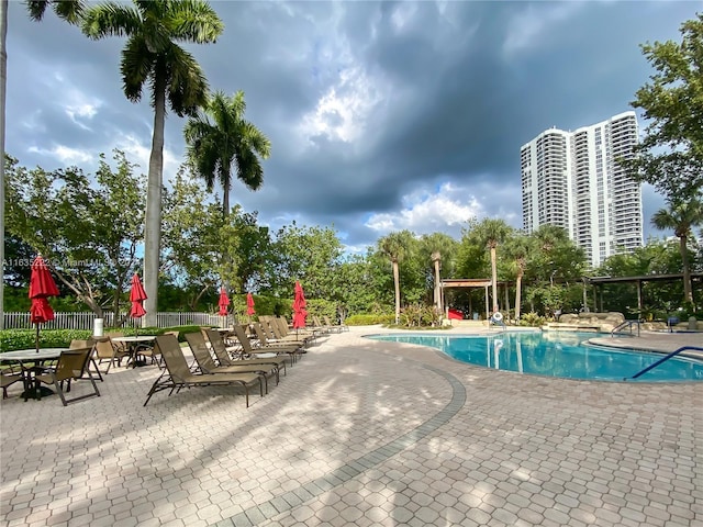 community pool featuring a patio area and fence