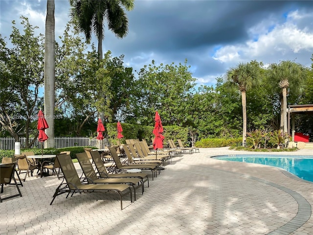 view of swimming pool with fence, a fenced in pool, and a patio