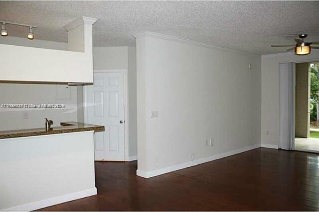 kitchen with ceiling fan, dark wood-type flooring, track lighting, a textured ceiling, and ornamental molding