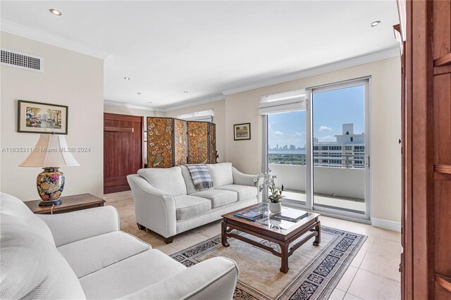 tiled living room with crown molding