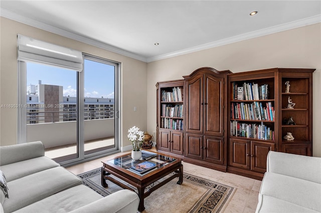 living room with light tile patterned floors and crown molding