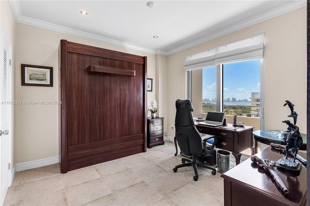 tiled office space with ornamental molding