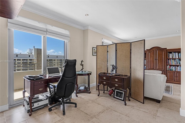 office with crown molding and light tile patterned floors