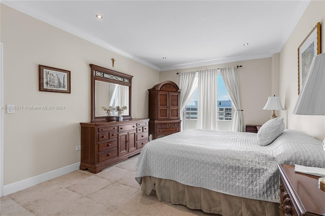 tiled bedroom with ornamental molding