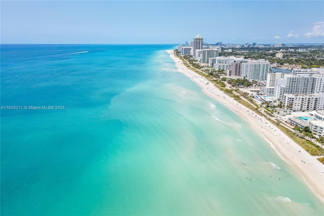 birds eye view of property featuring a water view and a beach view