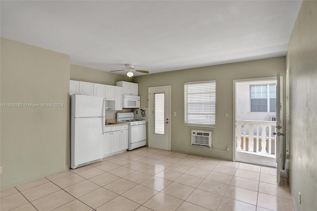 kitchen featuring white appliances, ceiling fan, backsplash, light tile patterned flooring, and white cabinetry