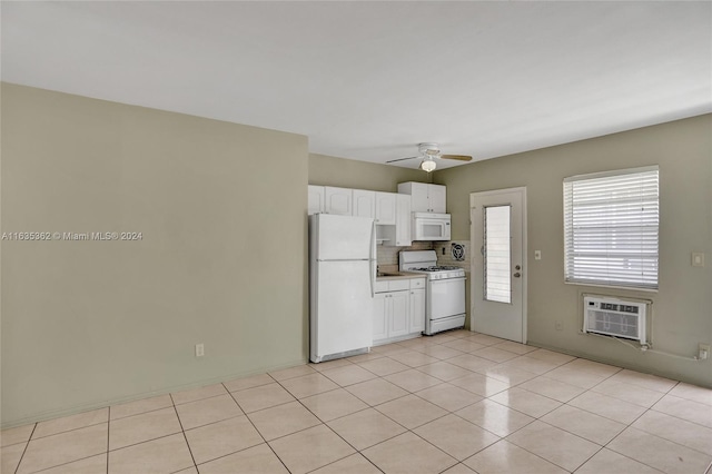 kitchen featuring ceiling fan, white appliances, white cabinets, and light tile patterned floors