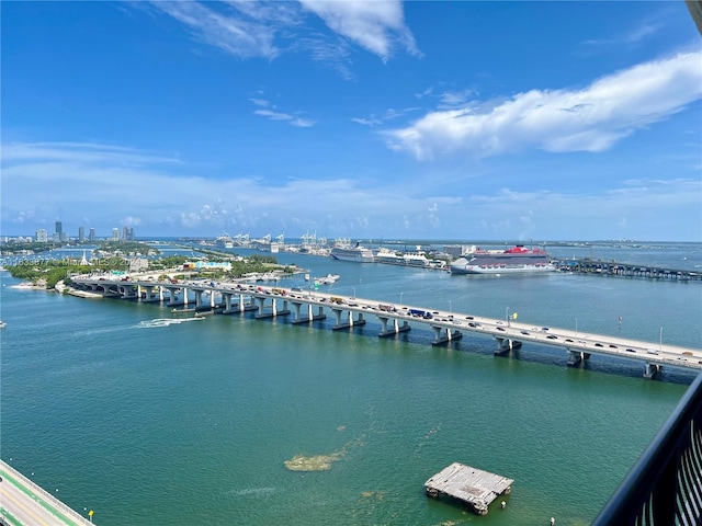 view of water feature with a dock