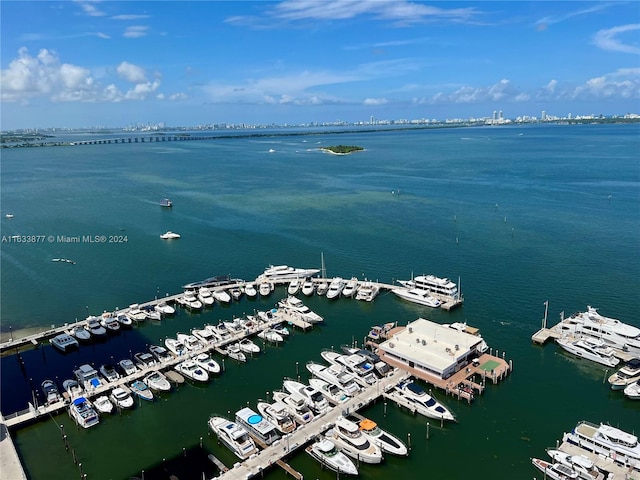 birds eye view of property featuring a water view