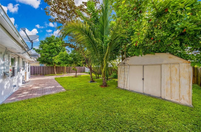 view of yard with a storage shed and a patio area