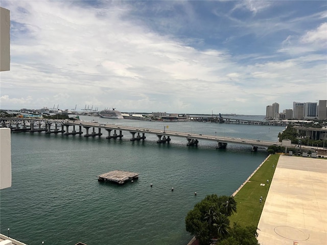 view of water feature with a boat dock