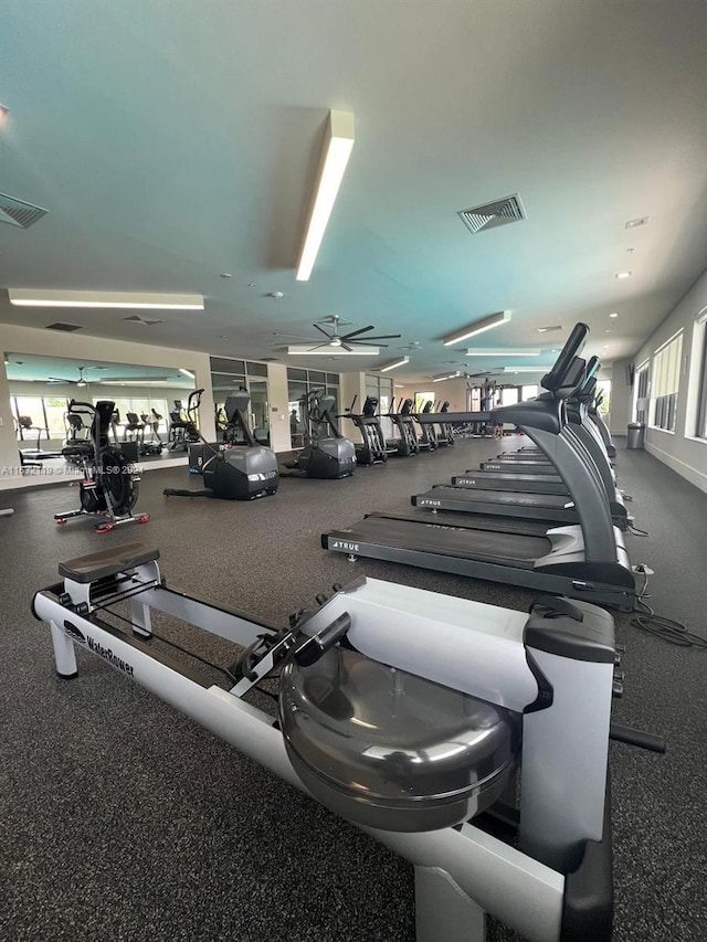 exercise room featuring ceiling fan