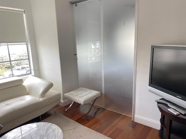 living room with dark hardwood / wood-style floors