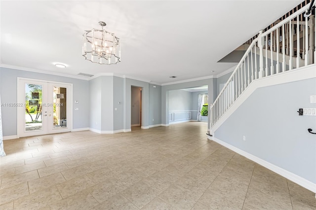 unfurnished living room with an inviting chandelier, french doors, light tile patterned flooring, and ornamental molding