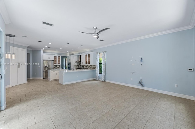 unfurnished living room featuring light tile patterned flooring, crown molding, and ceiling fan