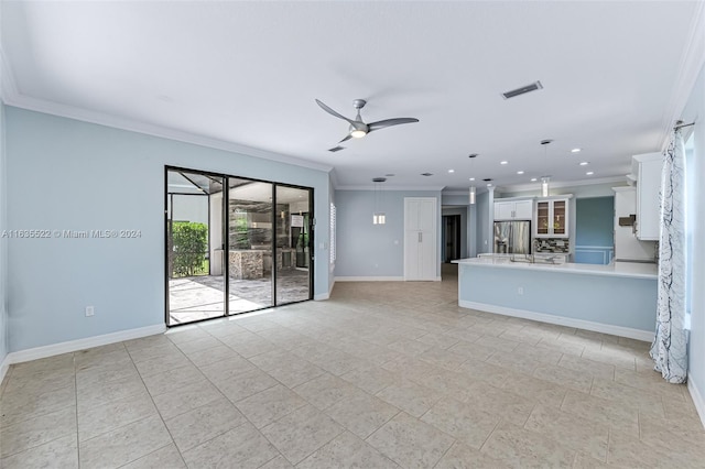 unfurnished living room featuring light tile patterned floors, crown molding, and ceiling fan