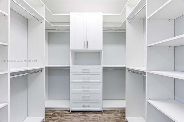 walk in closet with dark wood-type flooring