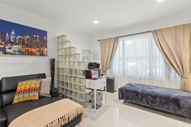 bedroom featuring tile patterned floors and ornamental molding