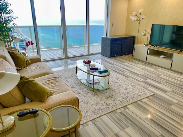 living room featuring expansive windows, light hardwood / wood-style flooring, and a healthy amount of sunlight