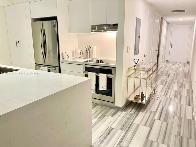 kitchen with white cabinets, stainless steel appliances, and electric panel