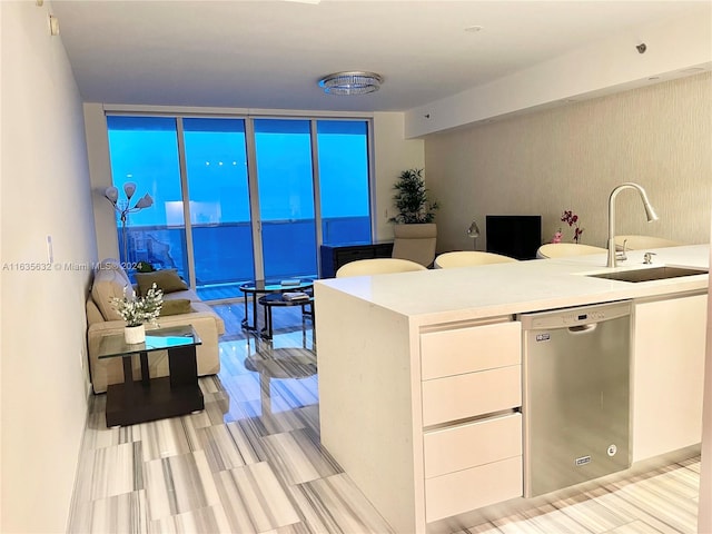 kitchen featuring sink, stainless steel dishwasher, white cabinetry, and floor to ceiling windows