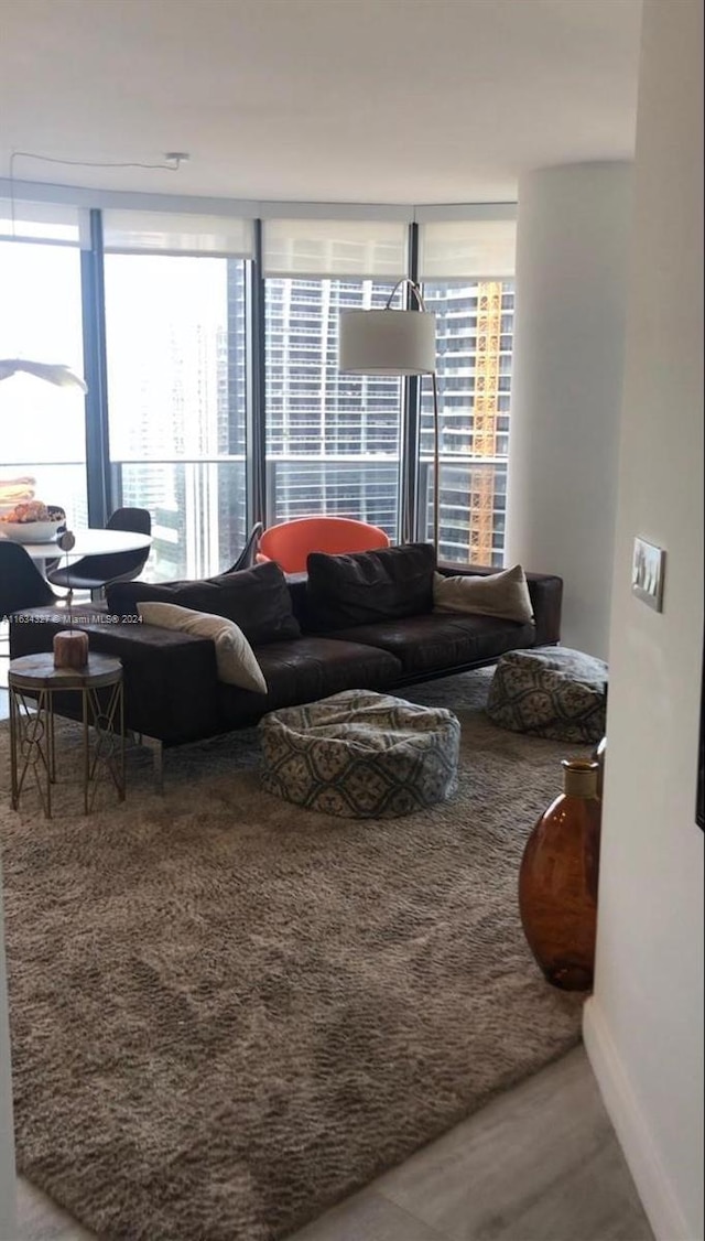 living room featuring a wall of windows and hardwood / wood-style floors