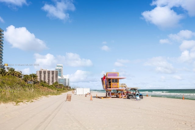 property view of water featuring a beach view