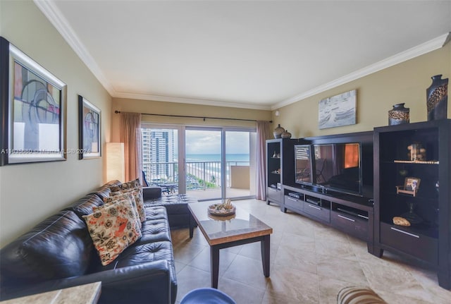 living room featuring light tile patterned floors and crown molding