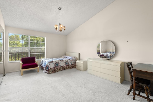 bedroom featuring a textured ceiling, light colored carpet, high vaulted ceiling, and a chandelier