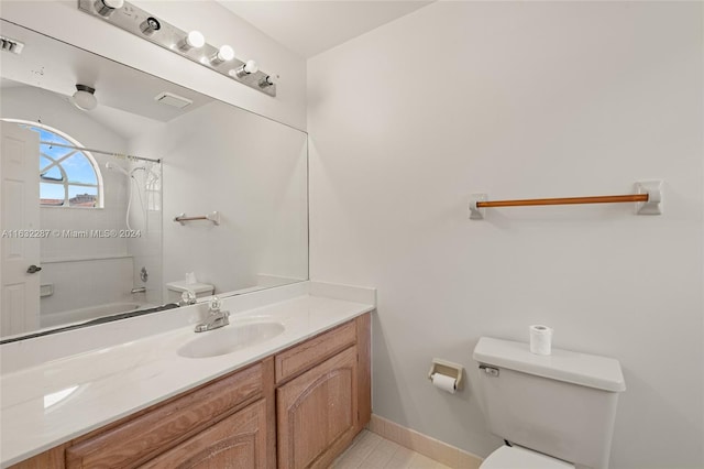 full bathroom featuring tile patterned flooring, shower / bath combination with curtain, toilet, and vanity