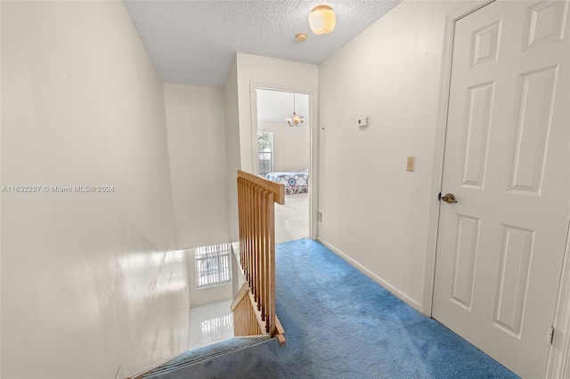 hall with carpet and a textured ceiling