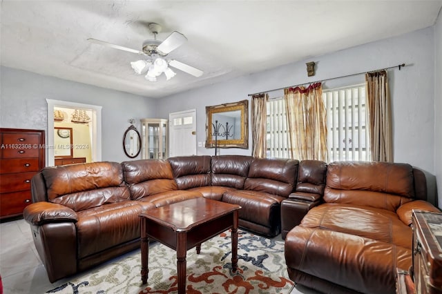 living room featuring ceiling fan