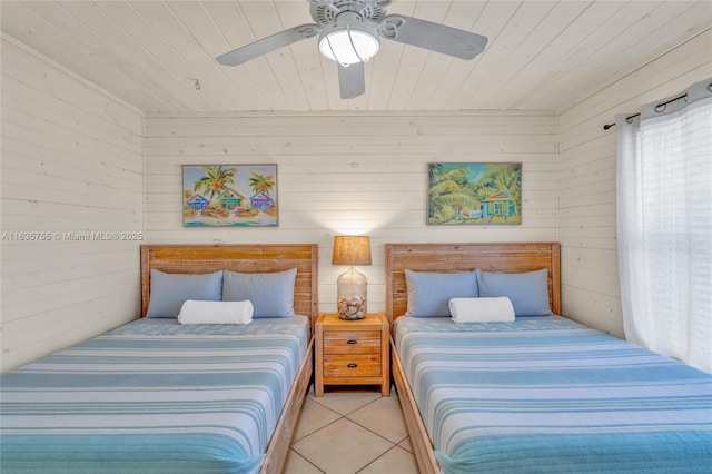 bedroom with wooden ceiling, ceiling fan, and wood walls