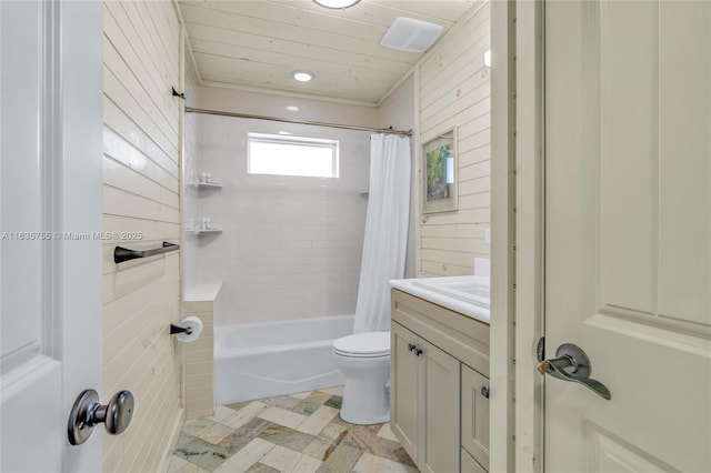 full bathroom with toilet, wooden walls, wood ceiling, vanity, and shower / bath combo