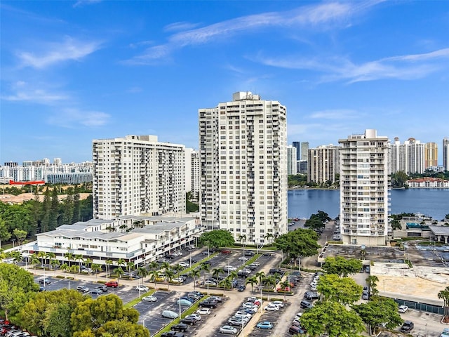 drone / aerial view featuring a view of city and a water view