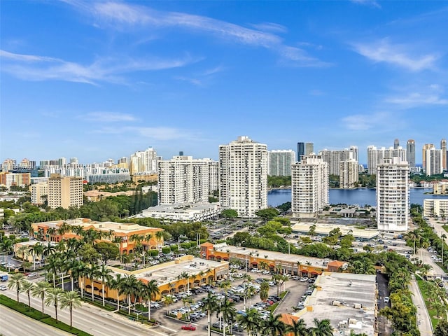 bird's eye view with a water view and a view of city