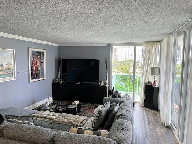 living room with crown molding, a textured ceiling, a wealth of natural light, and light hardwood / wood-style floors