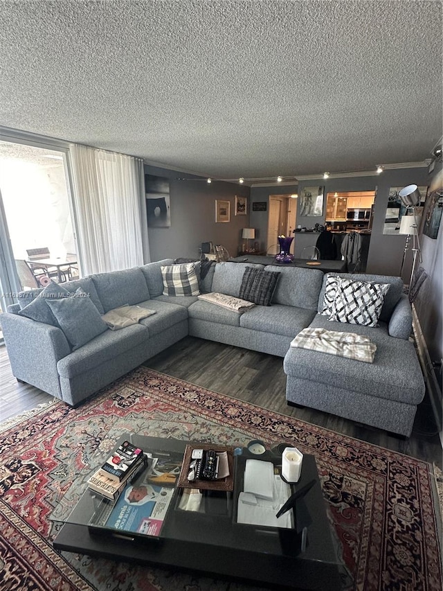 living room with a textured ceiling and hardwood / wood-style floors