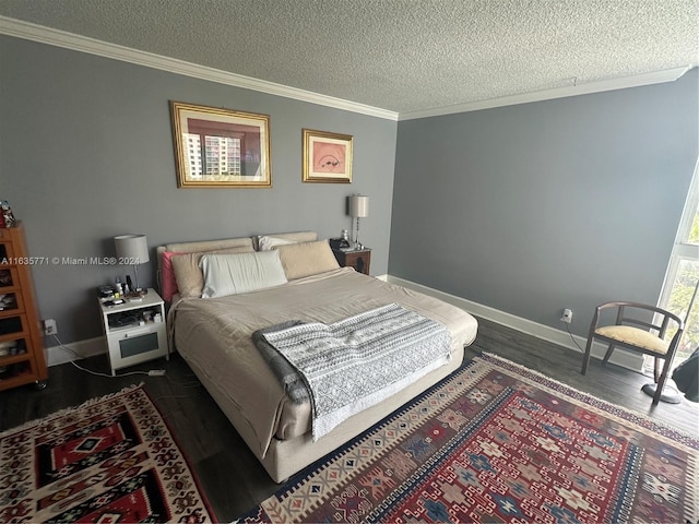 bedroom featuring a textured ceiling, crown molding, and dark wood-type flooring