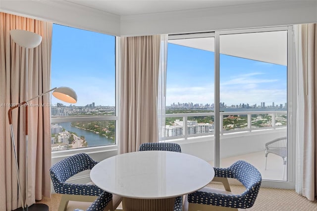 dining area with a water view and crown molding