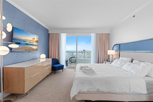 bedroom featuring light carpet and ornamental molding