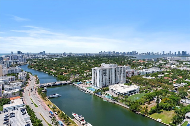 bird's eye view with a water view