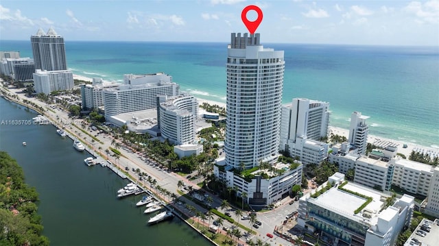 aerial view featuring a water view