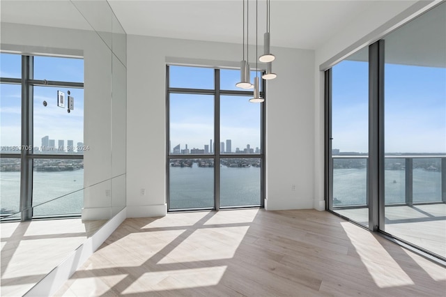 spare room featuring light wood-style floors, a city view, and a water view