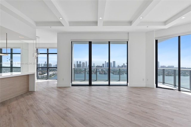 empty room with light wood-type flooring, a view of city, and baseboards