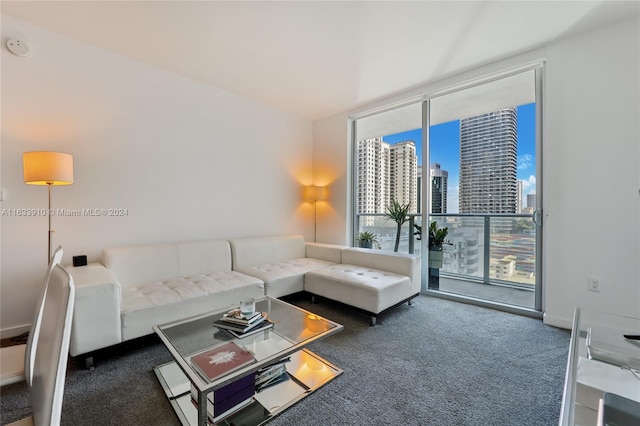 living room with a view of city, a wall of windows, and carpet flooring