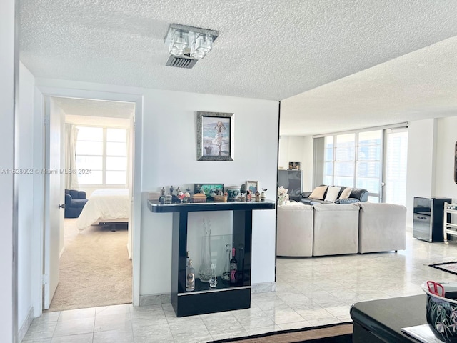 living room featuring a textured ceiling and light colored carpet