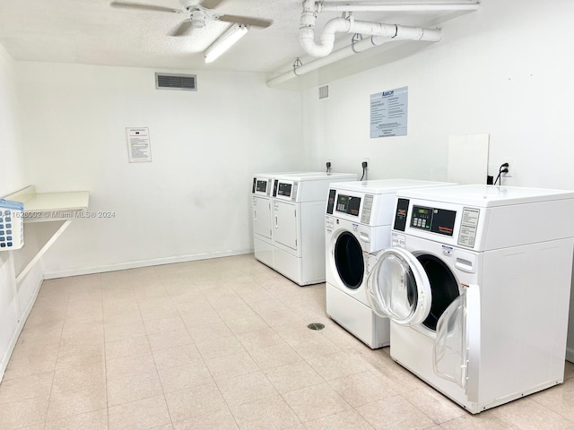 washroom with a textured ceiling, washing machine and clothes dryer, and ceiling fan