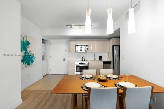 dining space with track lighting and light wood-type flooring