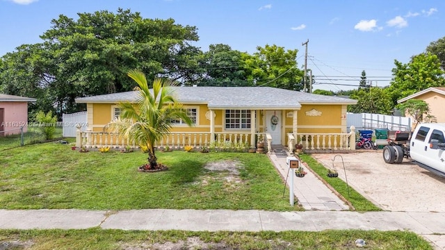 single story home with a front lawn and covered porch